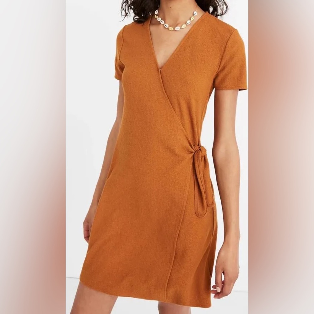 Madewell Texture & Thread V-Neck Short Sleeve Wrap Dress Burnt Orange/Brown